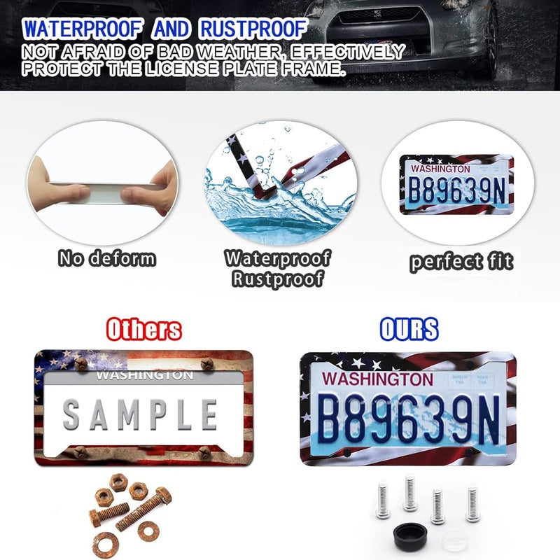 LIN KANG American Flag License Plate Frame Holder - 2 Pack Universal Aluminum Matte Stripe US Flag Gloss Patriotic Car Plate Frame Covers with Free Screws Fasteners Caps - Image 4